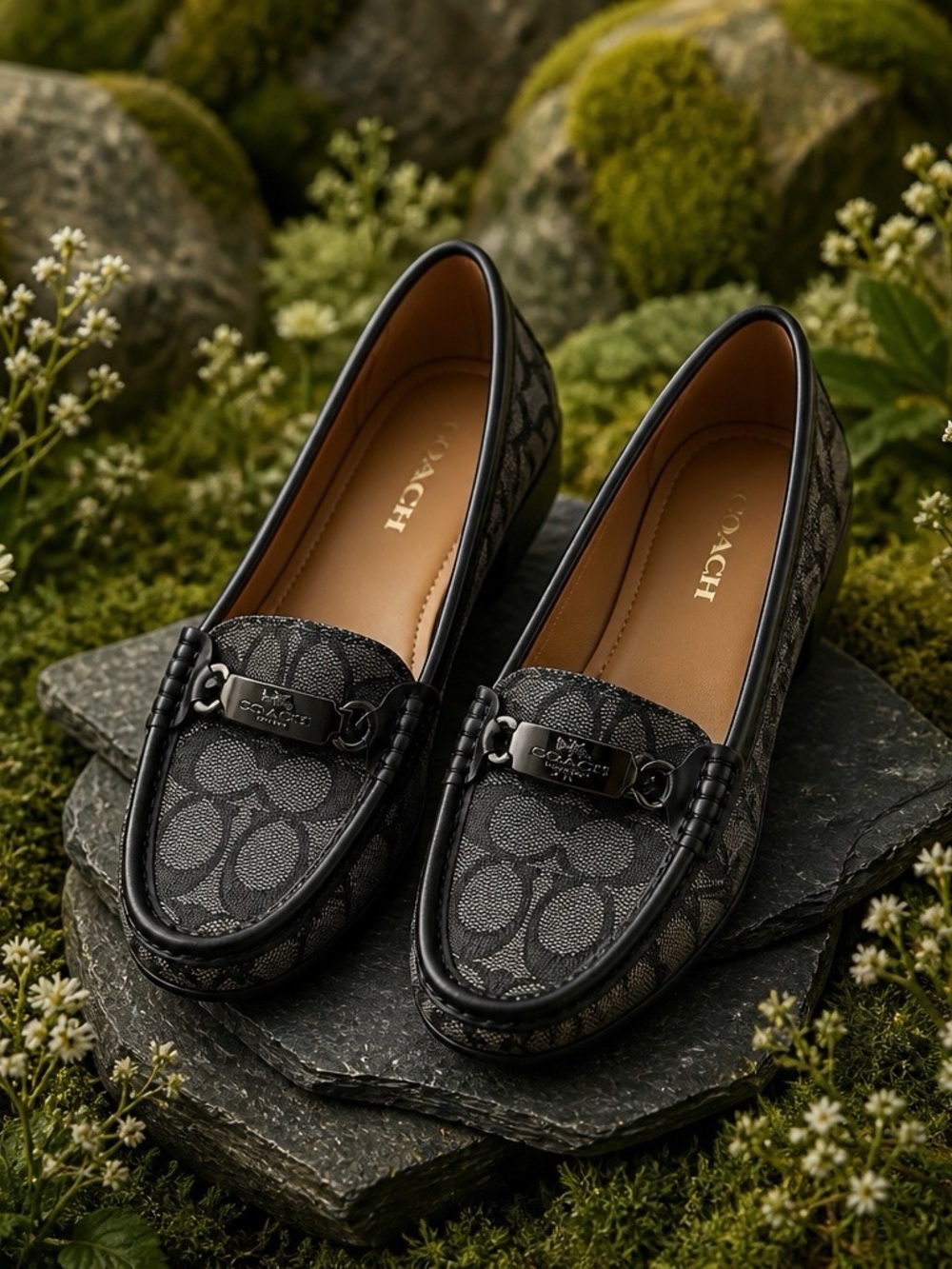 Coach Women's Black/Olive Signature Loafers - 8B